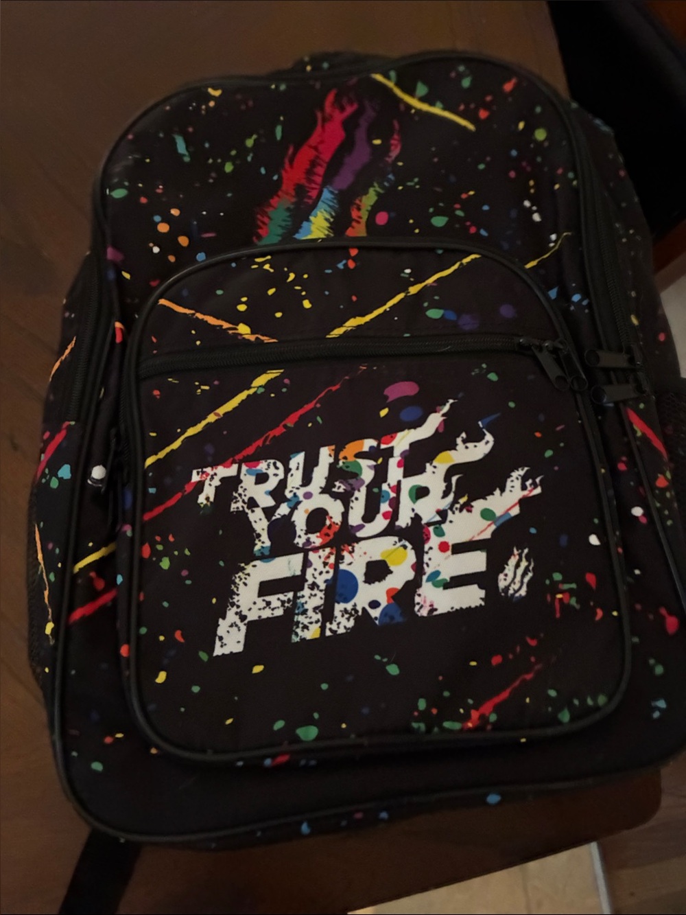 Prestonplayz Black Multicolor Paint-Splatter Backpack with 'Trust Your Fire'